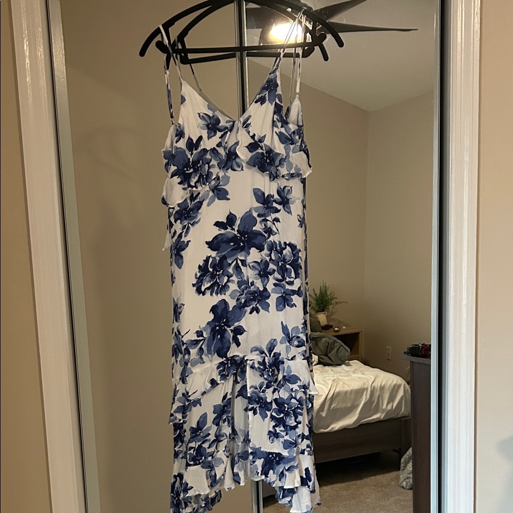 Lulu's White Slip Midi Dress with Blue Floral Ruffle